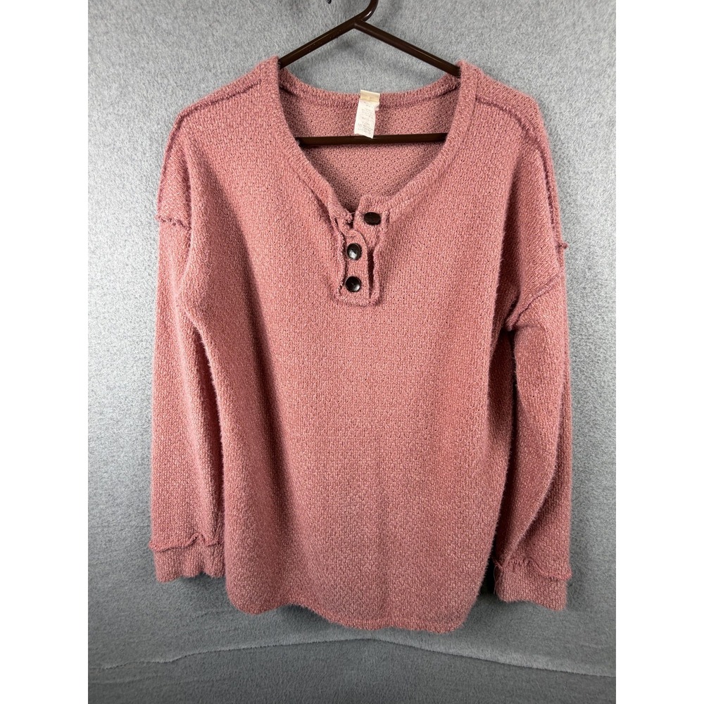 7th Ray Sweater Womens Large Pink Henley Scoop Neck Long Sleeve Chunky Knit